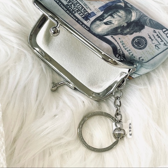 MONEY PATTERN WALLET Ben Franklin COIN PURSE keyring IN THE MONEY pouch CHANGE - Picture 7 of 9